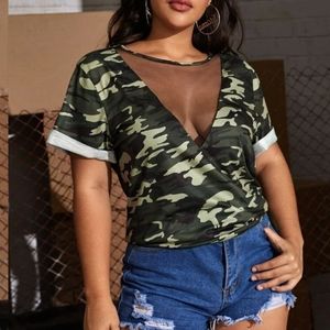 Camo Mesh Yoke Rolled Cuff Tee